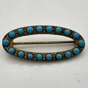 Antique Victorian Edwardian genuine turquoise cabochons gold gilt oval brooch